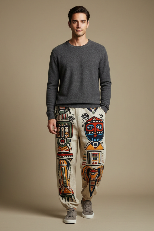Pantalon Fluide Écru Ample Ethnique Masques Africains Homme - Beige Maille