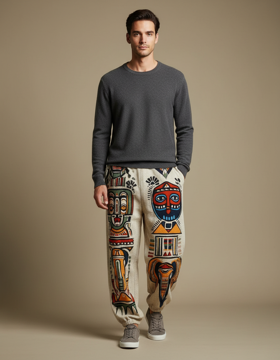 Pantalon Fluide Écru Ample Ethnique Masques Africains Homme - Beige Maille