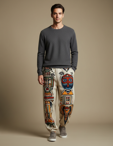 Pantalon Fluide Écru Ample Ethnique Masques Africains Homme - Beige Maille