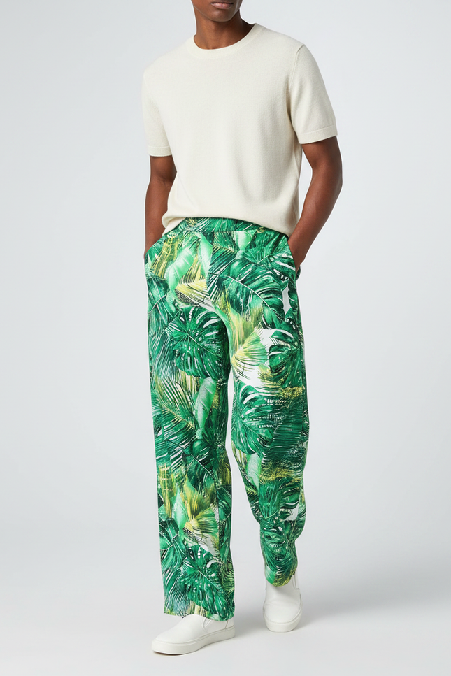 Pantalon Fluide Imprimé Tropical Ample Vert Homme - Viscose