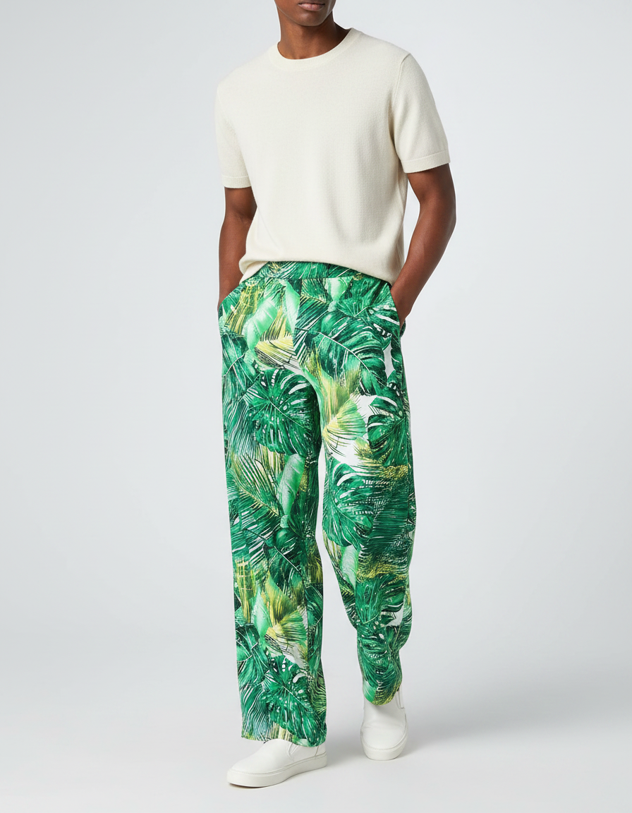 Pantalon Fluide Imprimé Tropical Ample Vert Homme - Viscose