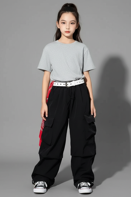 Pantalon Fluide Noir Cargo Ample Streetwear Fille - Polyester