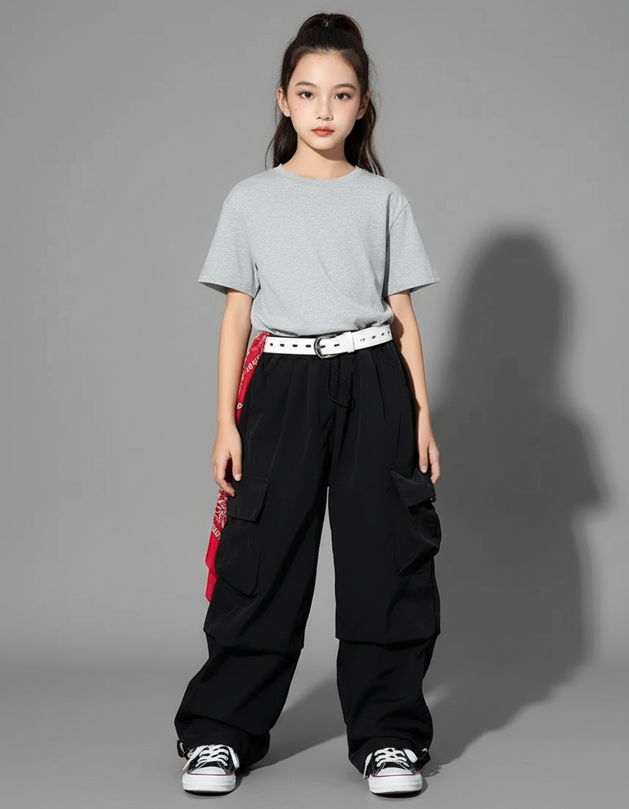 Pantalon Fluide Noir Cargo Ample Streetwear Fille - Polyester