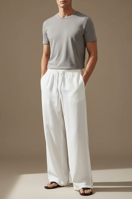 Pantalon Fluide Blanc Lin Ample Cordon Homme