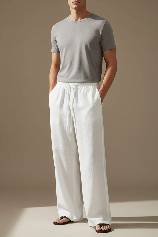 Pantalon Fluide Blanc Lin Ample Cordon Homme