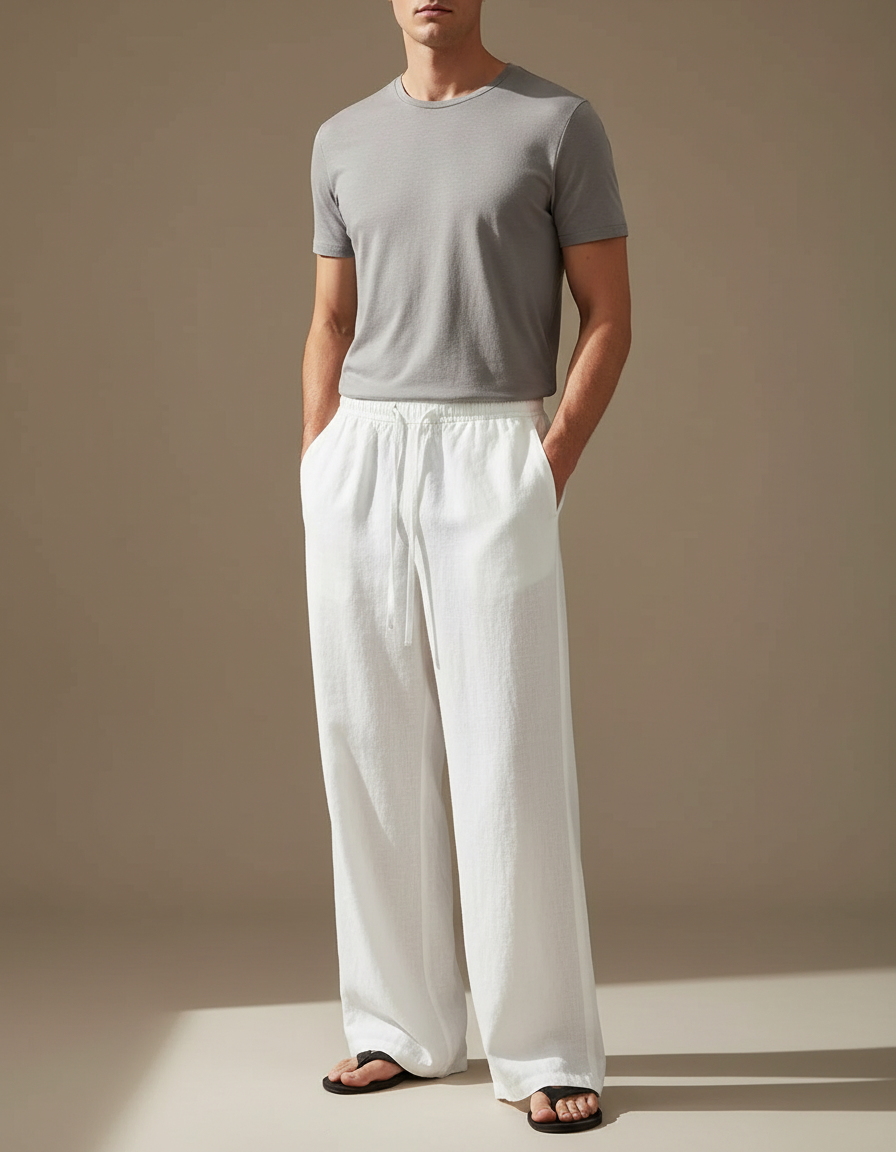 Pantalon Fluide Blanc Lin Ample Cordon Homme