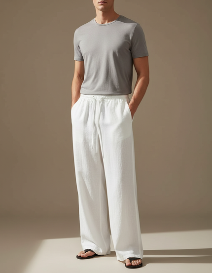 Pantalon Fluide Blanc Lin Ample Cordon Homme