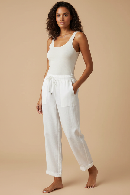 Pantalon Fluide Blanc Lin Coton Ample Décontracté Cordon