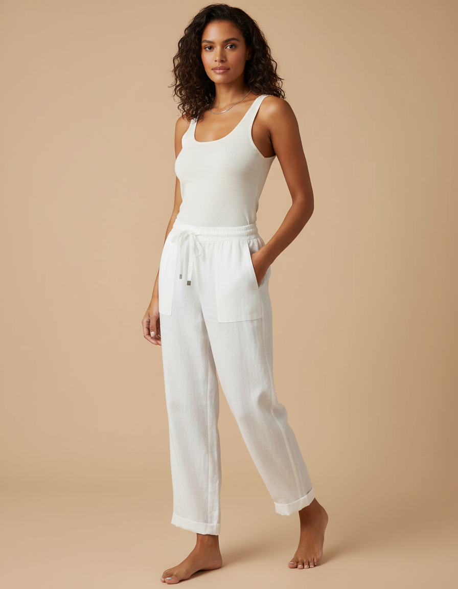 Pantalon Fluide Blanc Lin Coton Ample Décontracté Cordon