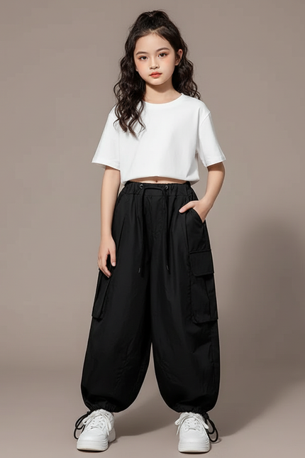 Pantalon Fluide Noir Ample Cargo Enfant Streetwear - Polyester