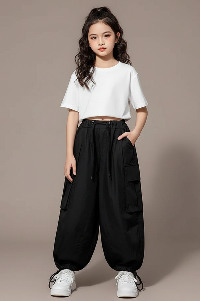 Pantalon Fluide Noir Ample Cargo Enfant Streetwear - Polyester