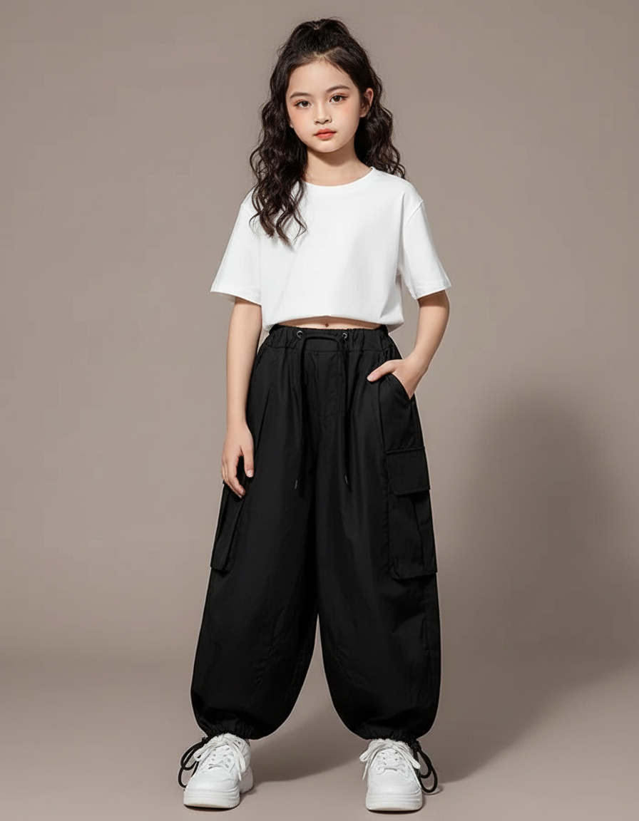 Pantalon Fluide Noir Ample Cargo Enfant Streetwear - Polyester
