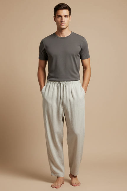 Pantalon Fluide Lin Ample Décontracté Blanc Cordon Homme - Gris