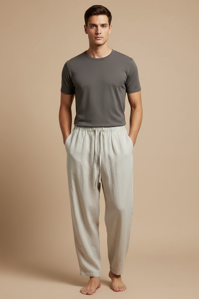 Pantalon Fluide Lin Ample Décontracté Blanc Cordon Homme - Gris