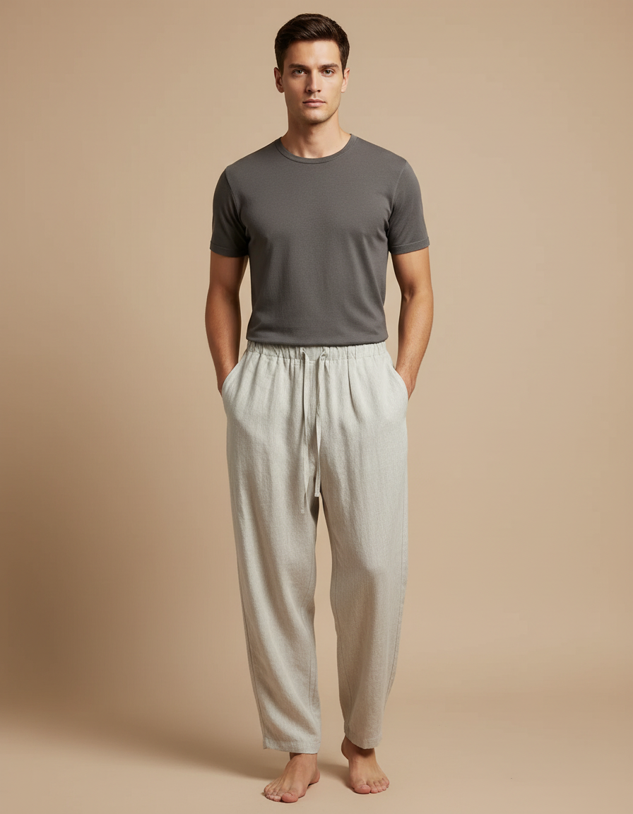 Pantalon Fluide Lin Ample Décontracté Blanc Cordon Homme - Gris