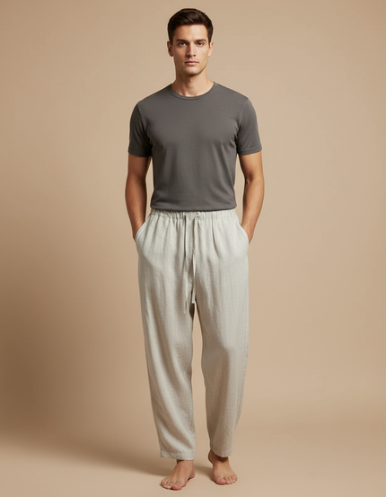 Pantalon Fluide Lin Ample Décontracté Blanc Cordon Homme - Gris