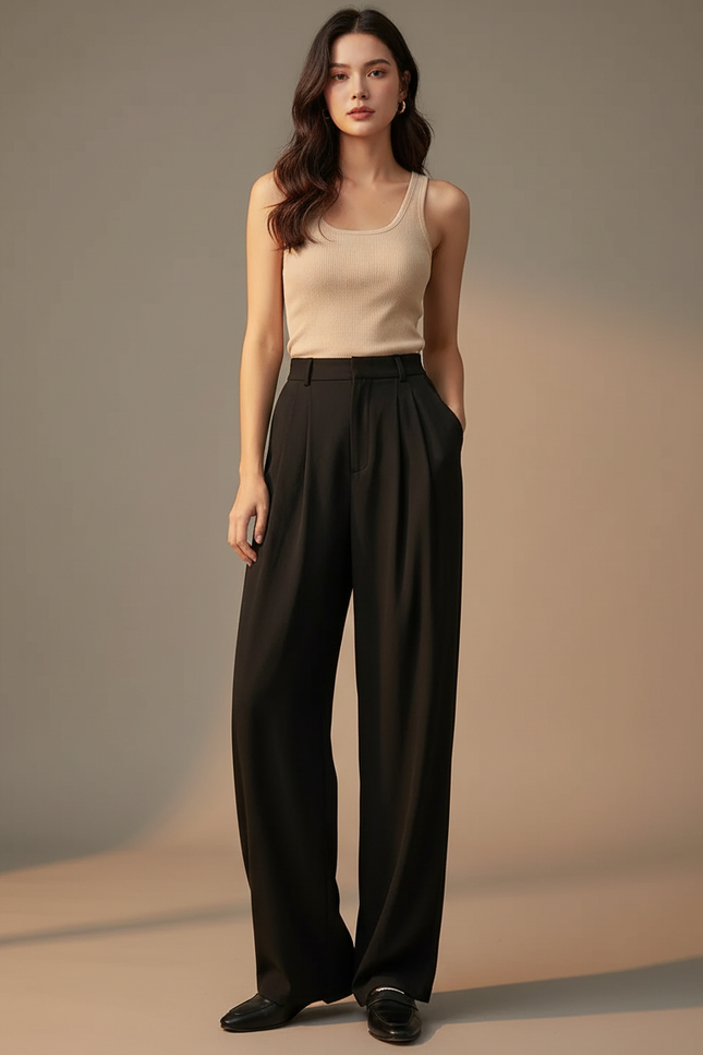 Pantalon Fluide Femme Noir Palazzo Viscose Chic Mi-saison 2