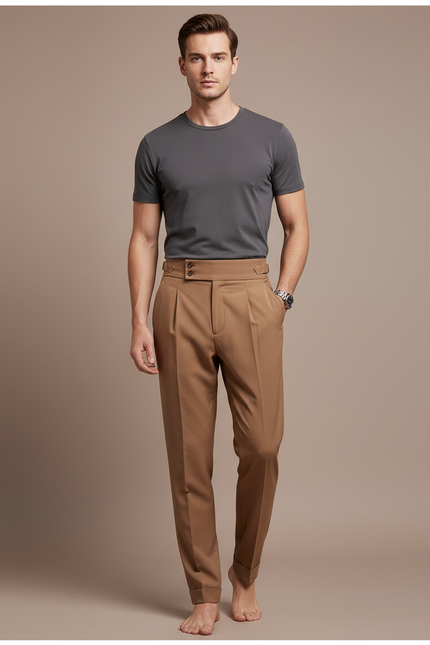 Pantalon Fluide Marron Plissé Taille Haute Élégant Homme - Gabardine
