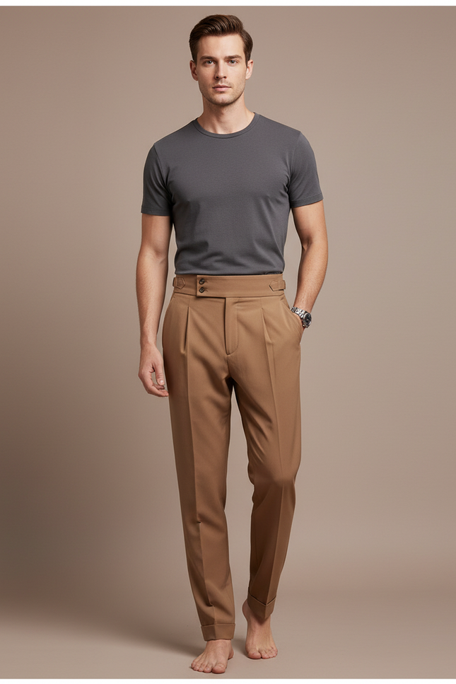 Pantalon Fluide Marron Plissé Taille Haute Élégant Homme - Gabardine