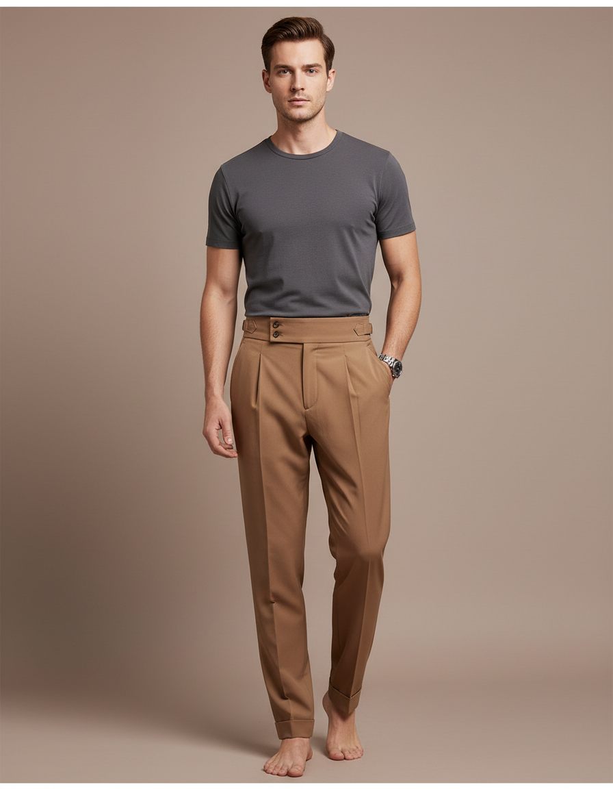 Pantalon Fluide Marron Plissé Taille Haute Élégant Homme - Gabardine