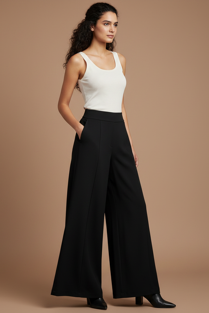 Pantalon Fluide Noir Ample Taille Haute Élégant Femme - Polyester