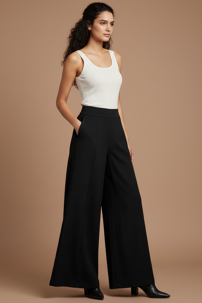 Pantalon Fluide Noir Ample Taille Haute Élégant Femme - Polyester