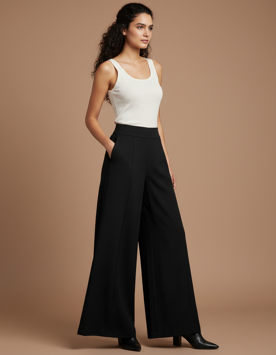 Pantalon Fluide Noir Ample Taille Haute Élégant Femme - Polyester