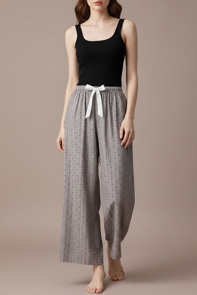 Pantalon Fluide Gris Ample Rayures Points Confortable - Viscose