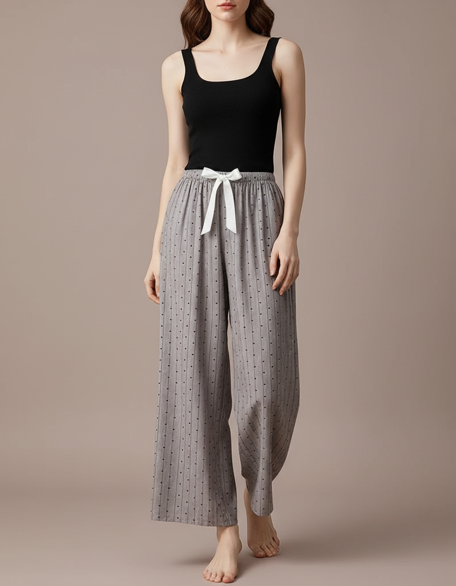 Pantalon Fluide Gris Ample Rayures Points Confortable - Viscose