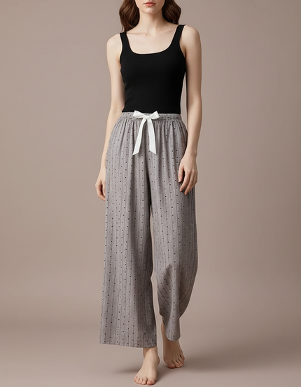 Pantalon Fluide Gris Ample Rayures Points Confortable - Viscose