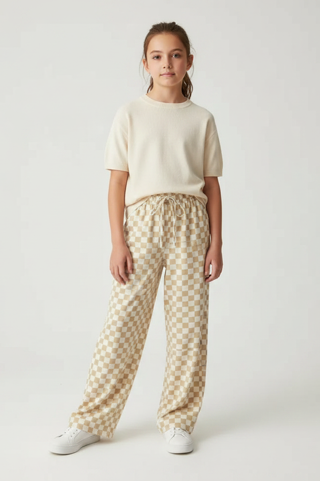 Pantalon Fluide Carreaux Beige Ample Décontracté Enfant - Maille