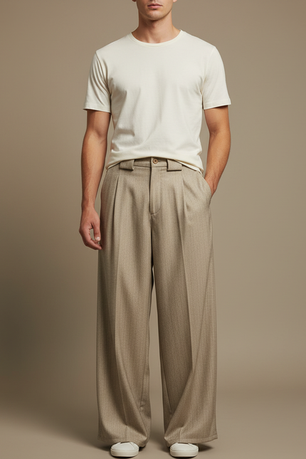 Pantalon Fluide Beige Plissé Ample Homme Décontracté - Gabardine