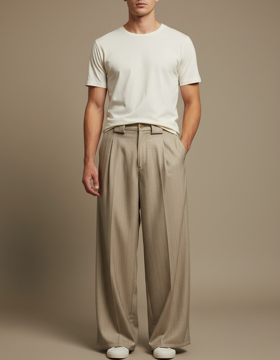 Pantalon Fluide Beige Plissé Ample Homme Décontracté - Gabardine
