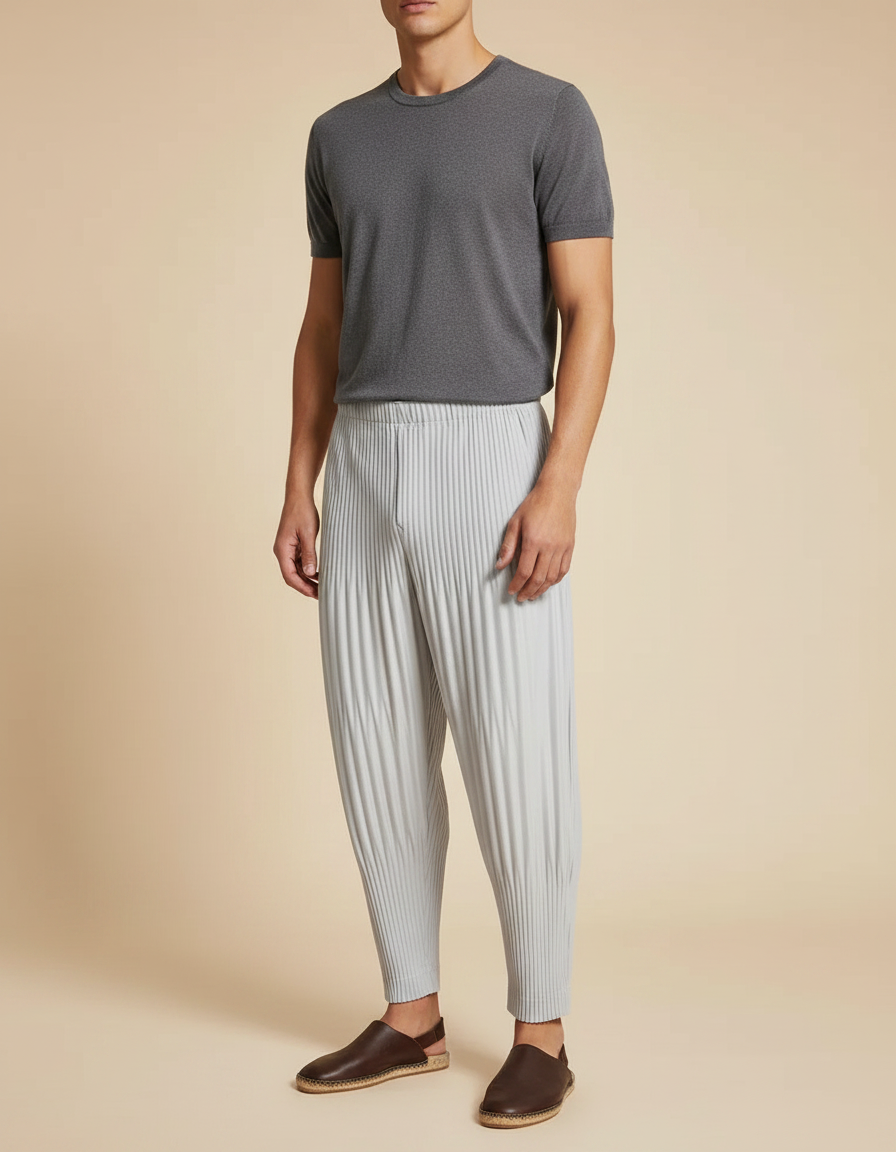 Pantalon Fluide Plissé Gris Décontracté Homme - Polyester