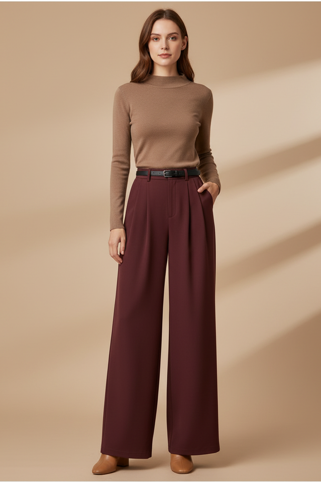 Pantalon Fluide Bordeaux Ample Taille Haute Élégant - Polyester