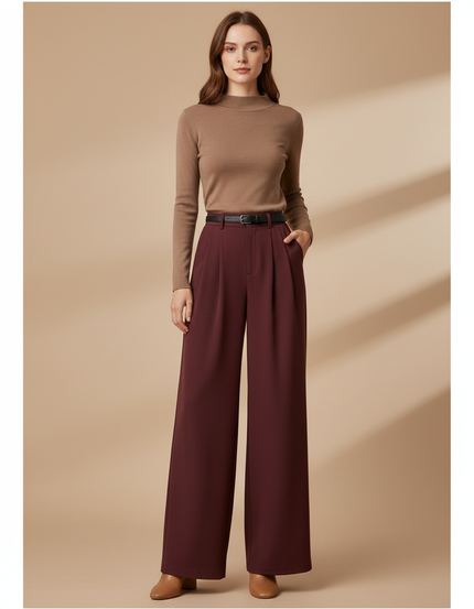Pantalon Fluide Bordeaux Ample Taille Haute Élégant - Polyester