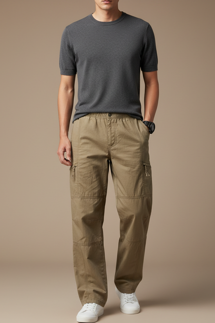 Pantalon Fluide Kaki Cargo Coton Ample Décontracté