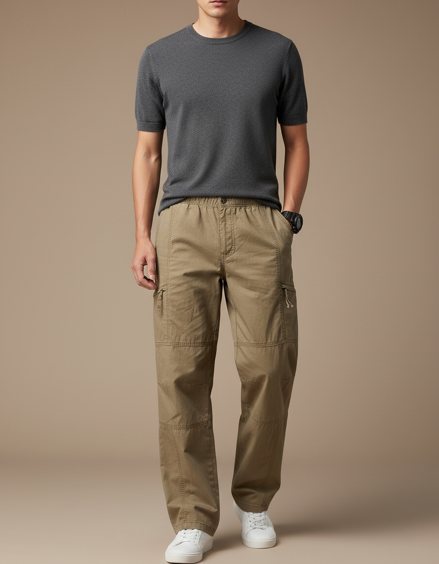 Pantalon Fluide Kaki Cargo Coton Ample Décontracté