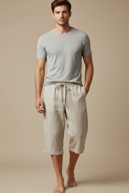 Pantalon Fluide Beige Lin Ample Décontracté Léger