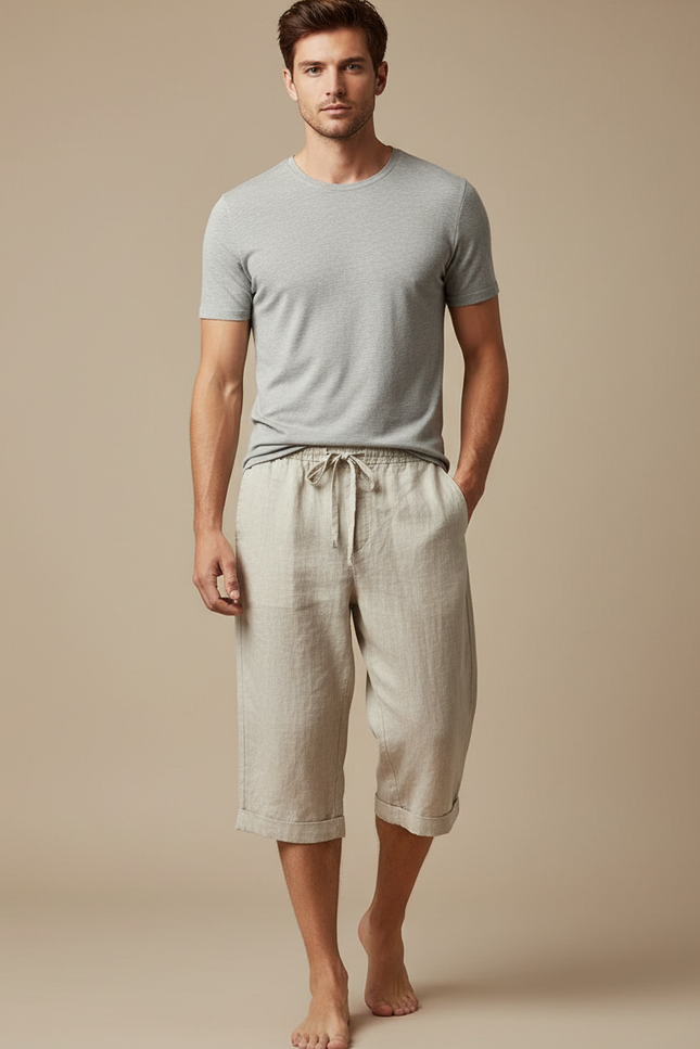 Pantalon Fluide Beige Lin Ample Décontracté Léger