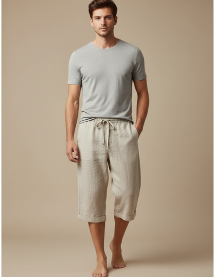 Pantalon Fluide Beige Lin Ample Décontracté Léger