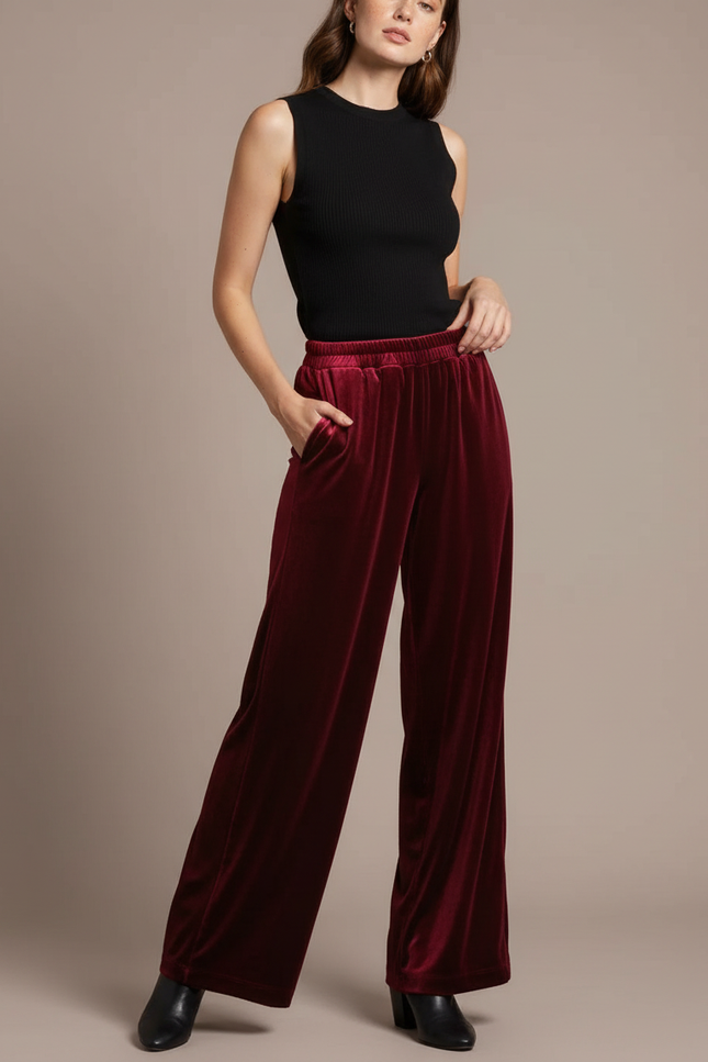 Pantalon Fluide Velours Bordeaux Ample Évasé Élégant