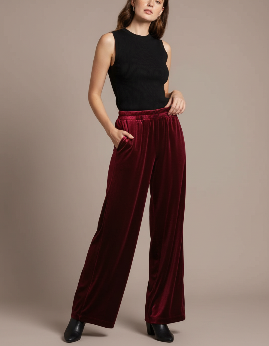 Pantalon Fluide Velours Bordeaux Ample Évasé Élégant