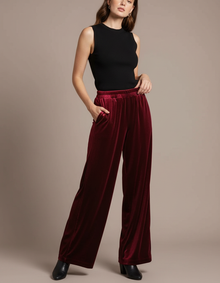 Pantalon Fluide Velours Bordeaux Ample Évasé Élégant