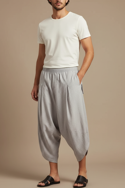Pantalon Fluide Gris Rayé Plissé Ample Décontracté Homme - Lin