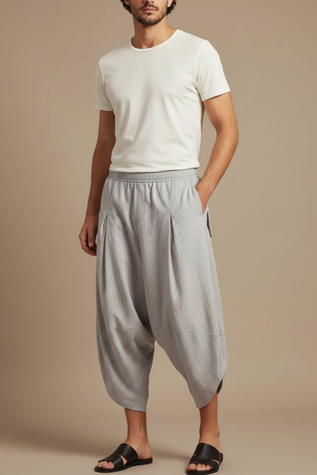 Pantalon Fluide Gris Rayé Plissé Ample Décontracté Homme - Lin