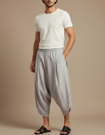 Pantalon Fluide Gris Rayé Plissé Ample Décontracté Homme - Lin