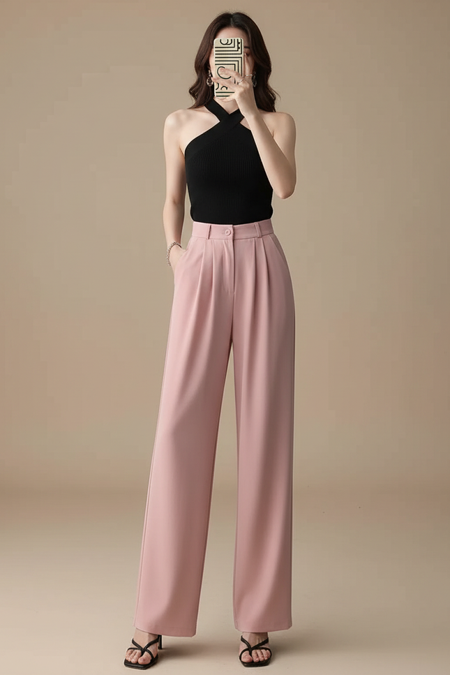 Pantalon Fluide Rose Taille Haute Ample Droit Élégant - Polyester