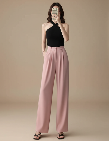 Pantalon Fluide Rose Taille Haute Ample Droit Élégant - Polyester