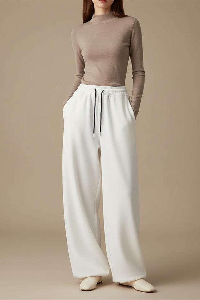 Pantalon Fluide Blanc Ample Décontracté Cordon Femme - Molleton